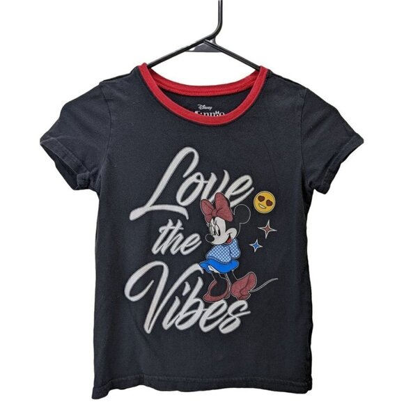 Disney Minnie Mouse Girls M (7/8) T-shirt Black Red Collar "Love the Vibes" - Picture 1 of 5